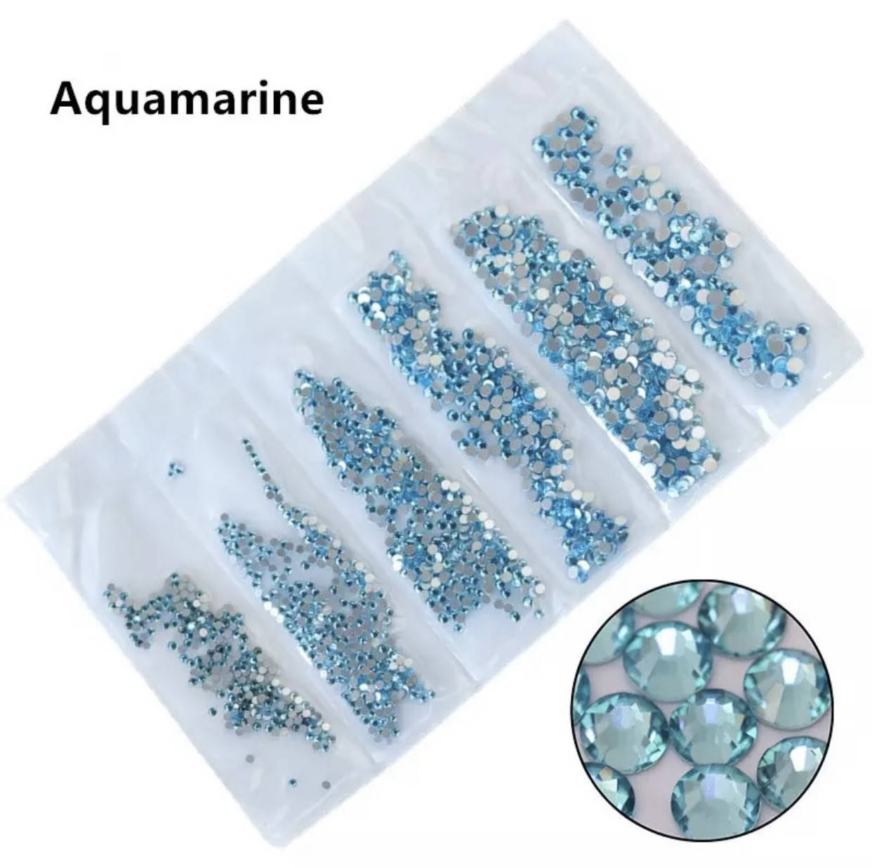 

Стразы,фасованные по размерам (от ss3 до ss10), цвет Aquamarine, 1200 шт
