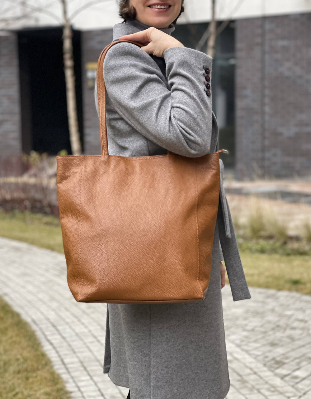 

Кожаная рыжая сумка-шоппер на молнии, Италия, Рыжий