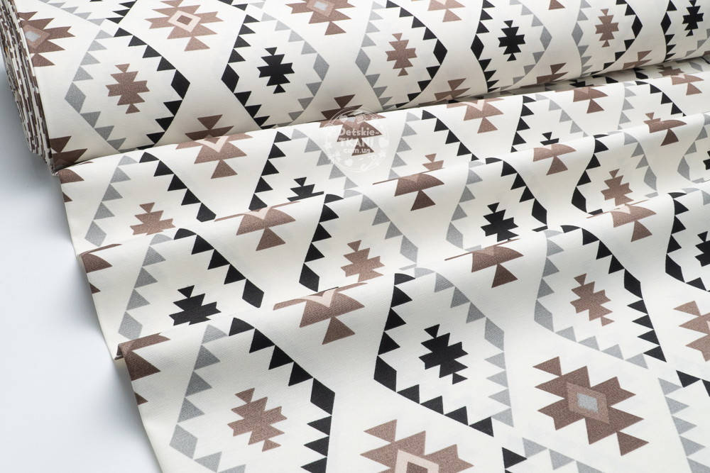 

Ткань Duck "Геометрический орнамент" коричнево-серый на белом, Коричневый