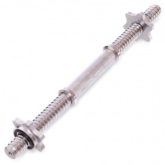 

Гриф гантельный с насечкой хромированный с замками TA-8049 (l-40см, d-25мм, вес 1,3кг)