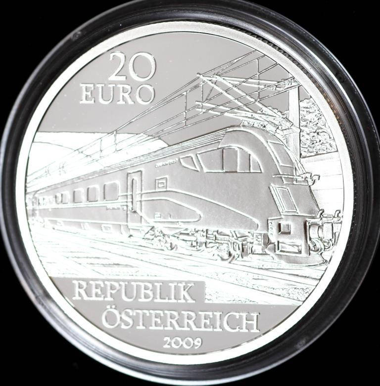 

Серебряная монета Австрии 20 евро 2009 г. Электрическая железная дорога. Пруф