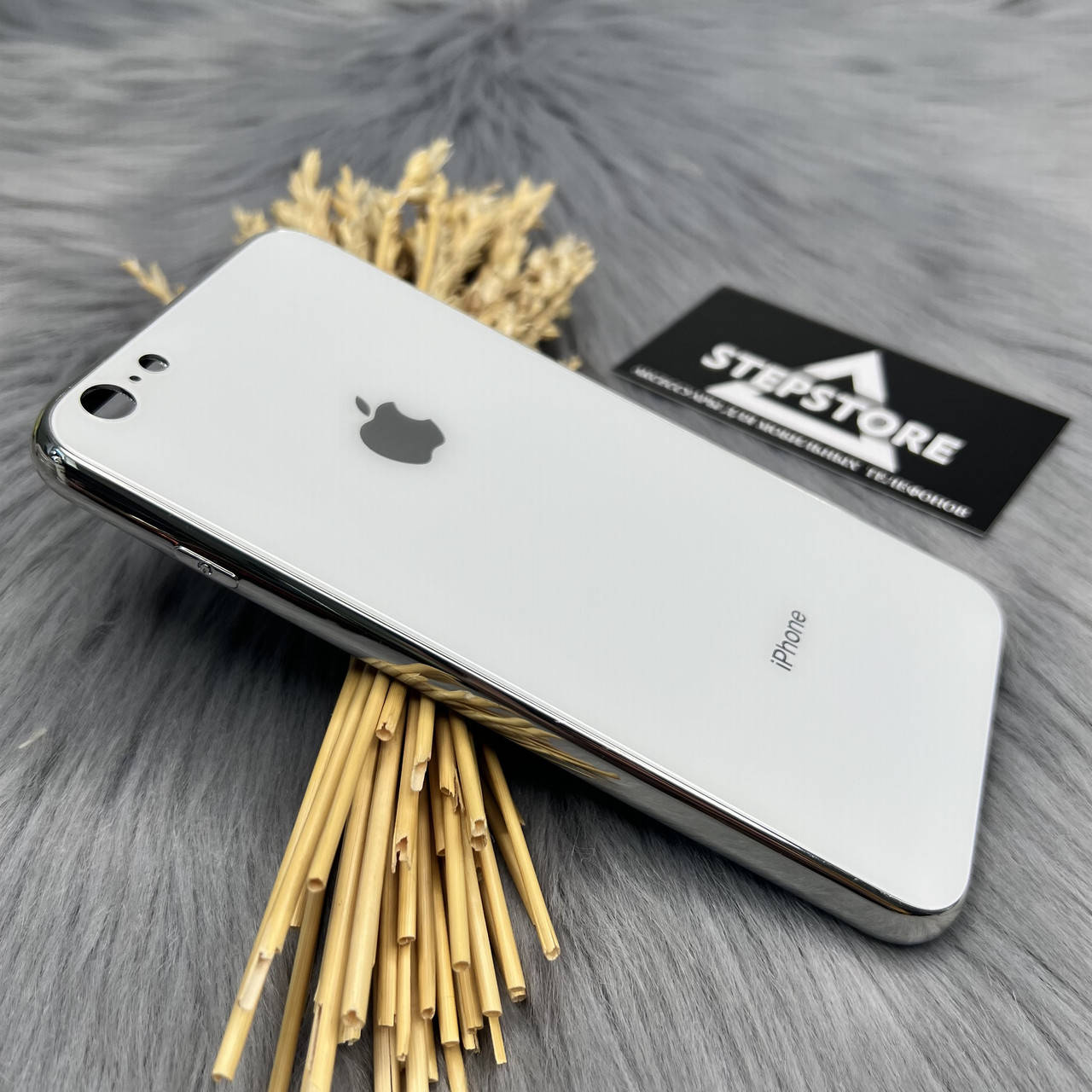 

Чехол Glass Case для Iphone 6 plus / 6s plus плюс стеклянный противоударный хромированый силиконовый ободок Белый