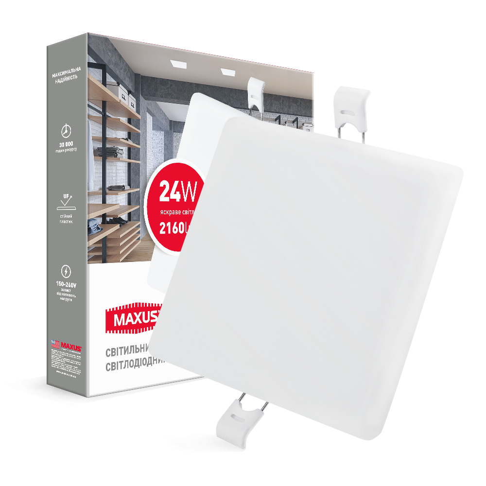 

Светодиодный светильник встраиваемый квадрат MAXUS SP edge 24W, 4100К 1-MSP-2441-S, Белый