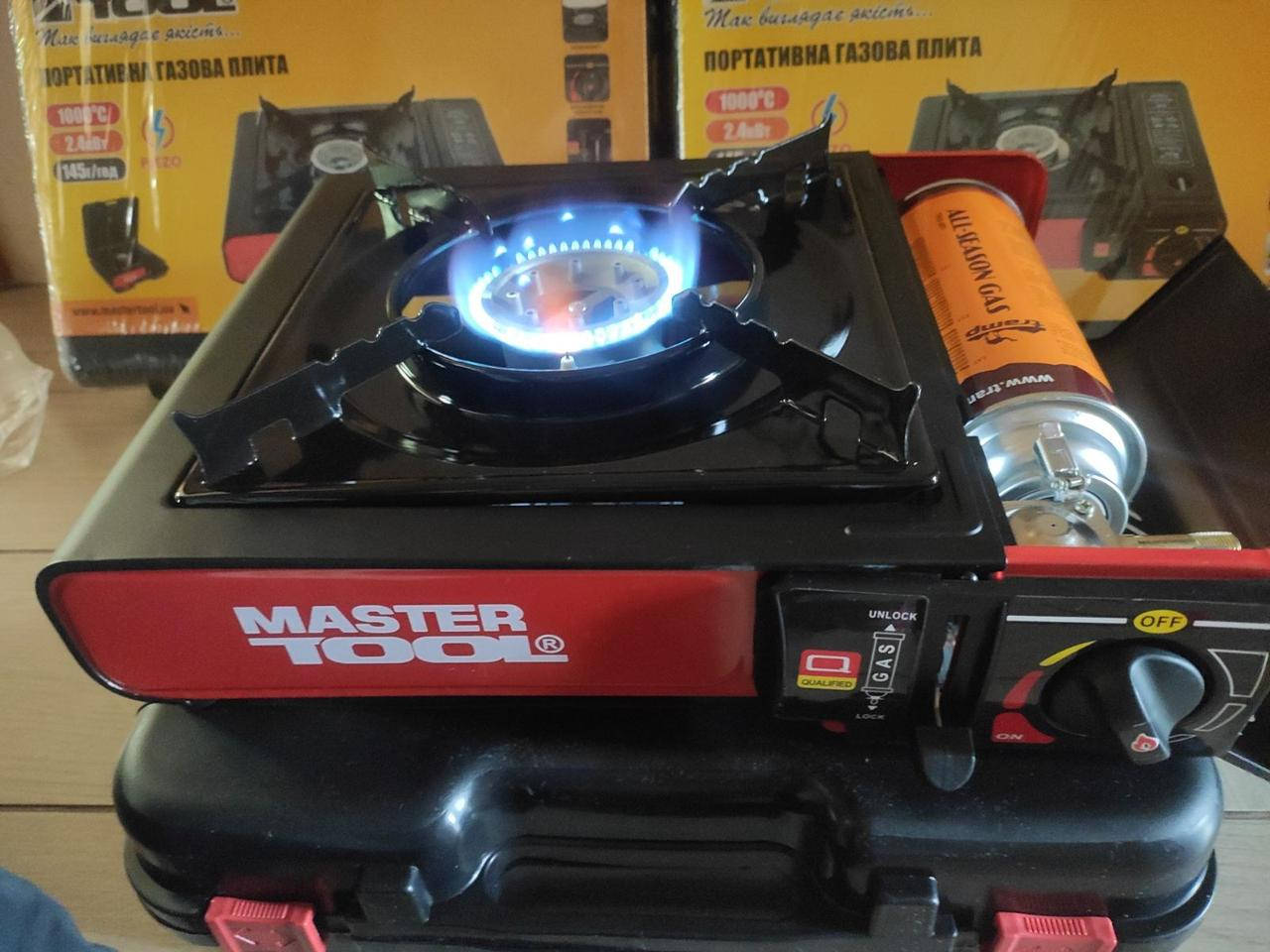 

Туристическая газовая горелка плитка с пьезоподжигом + кейс MasterTool 44-5102 с адаптером + баллон Tramp 220г