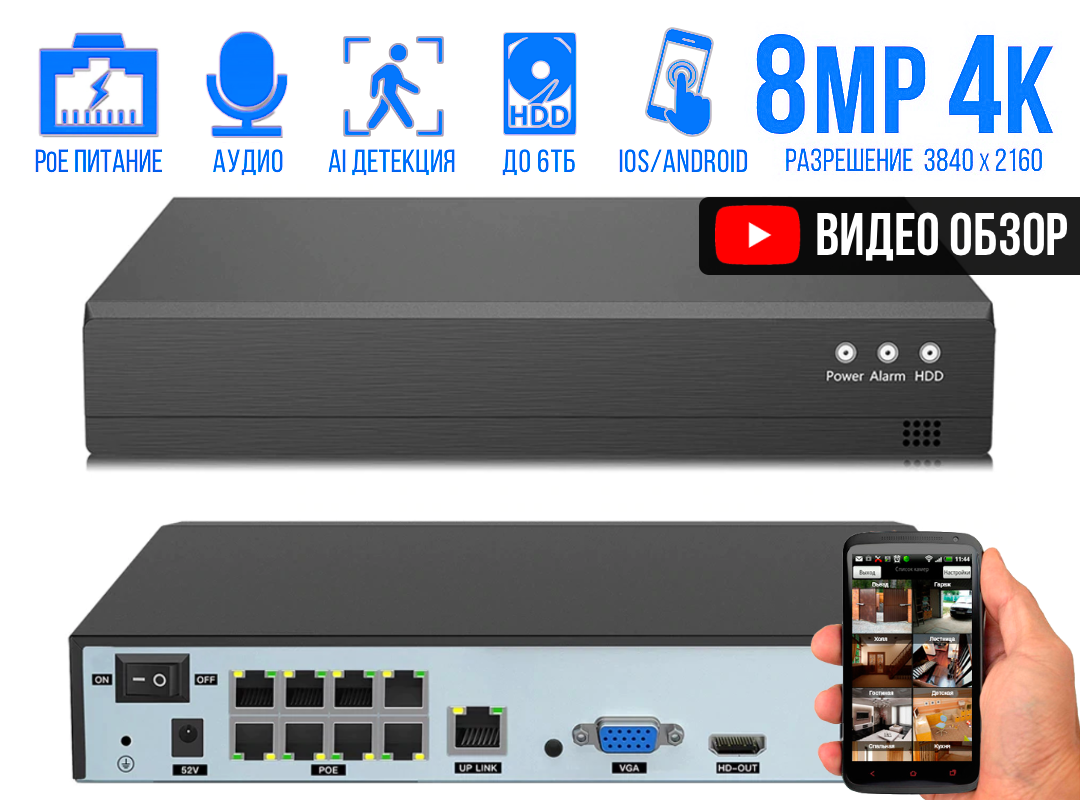 

4K 8Мп NVR IP-Видеорегистратор POE 8-портовый P2P Xmeye для ip камер