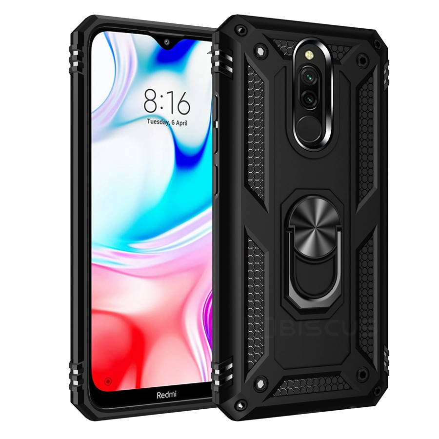 

Противоударный чехол с кольцом подставкой для Xiaomi Redmi 8 черный матовый бампер