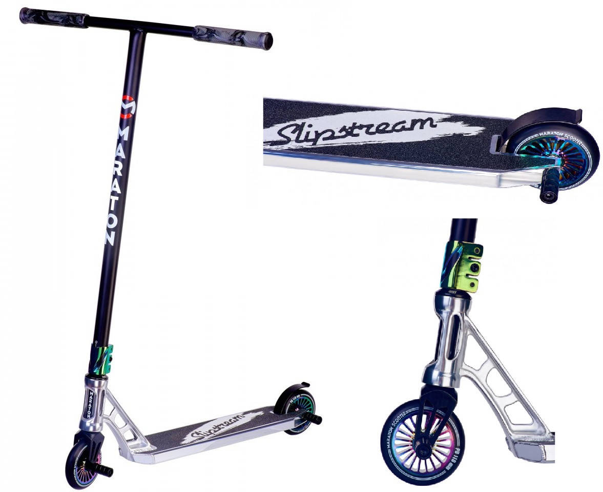 

Maraton Slip Stream трюковый двухколесный самокат с пегами и фигурным хомутом Серебро, Светло-серый