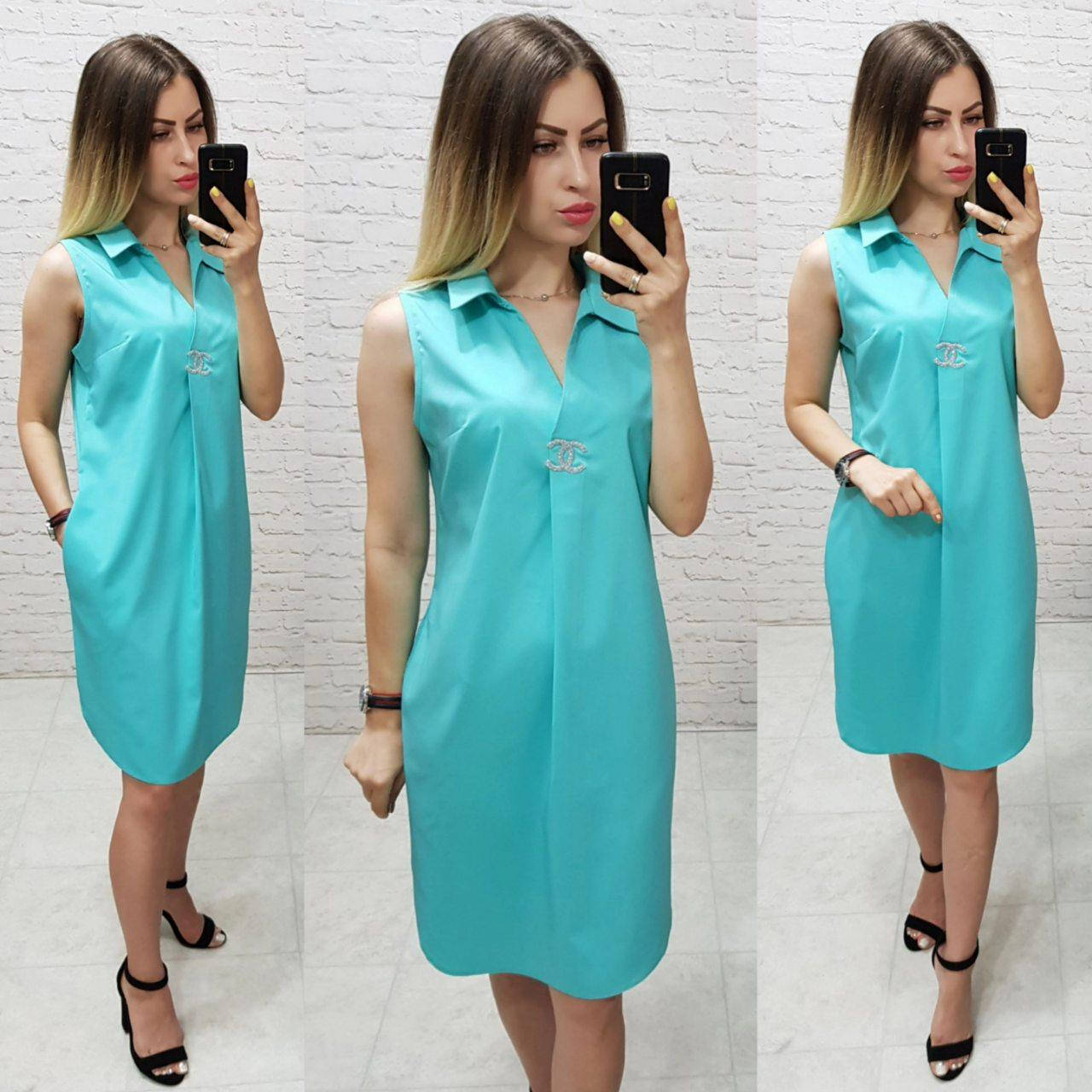 

Летнее платье-рубашка без рукавов, арт. 167, бирюзовое