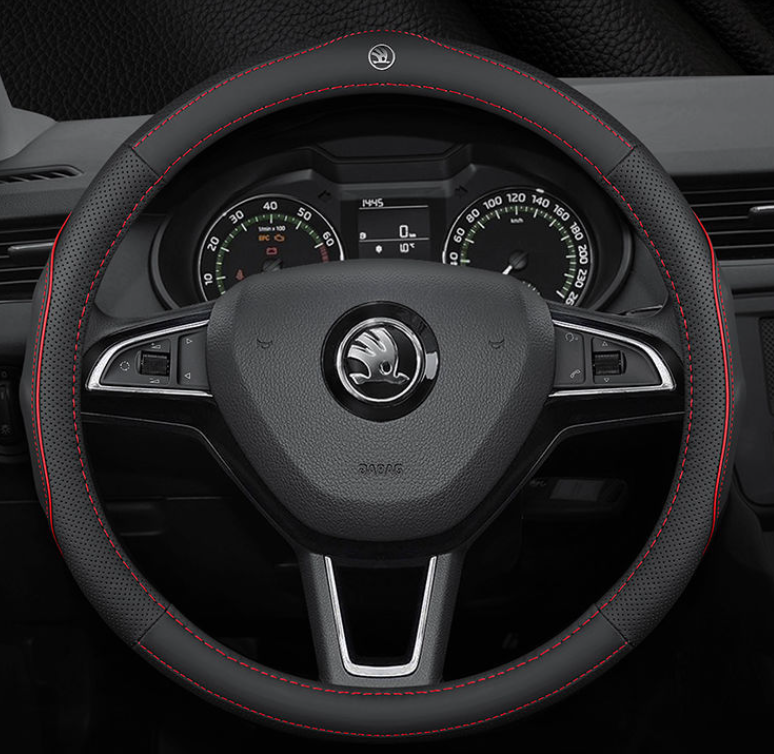 

Чехол оплетка Cool на руль для автомобиля Skoda натуральная кожа Черный с красной прошивкой