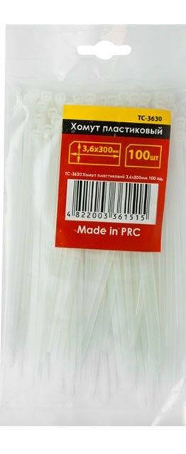 

Хомуты (стяжки) пластиковые 3,6x300мм белые INTERTOOL TC-3630 (100 шт)