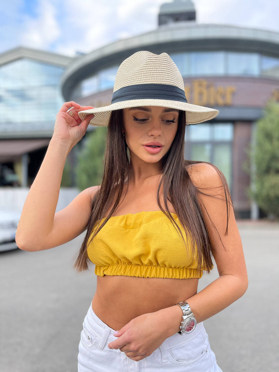 

Шляпа унисекс летняя Федора с лентой бежевая, В наличии