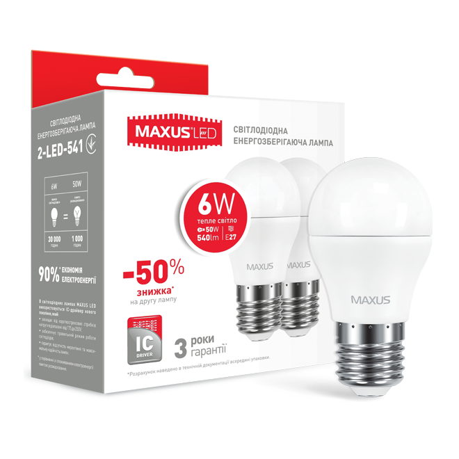 

Набор LED ламп MAXUS G45 6W теплый свет E27 (2-LED-541-P)