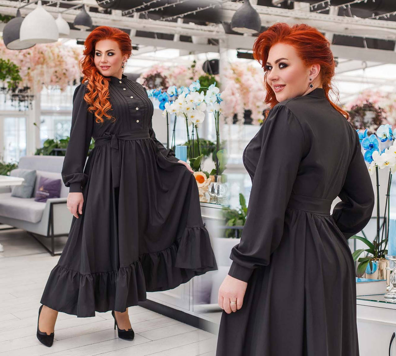 

Женское длинное платье в больших размерах 0386 "Софт Макси Стойка Волан"