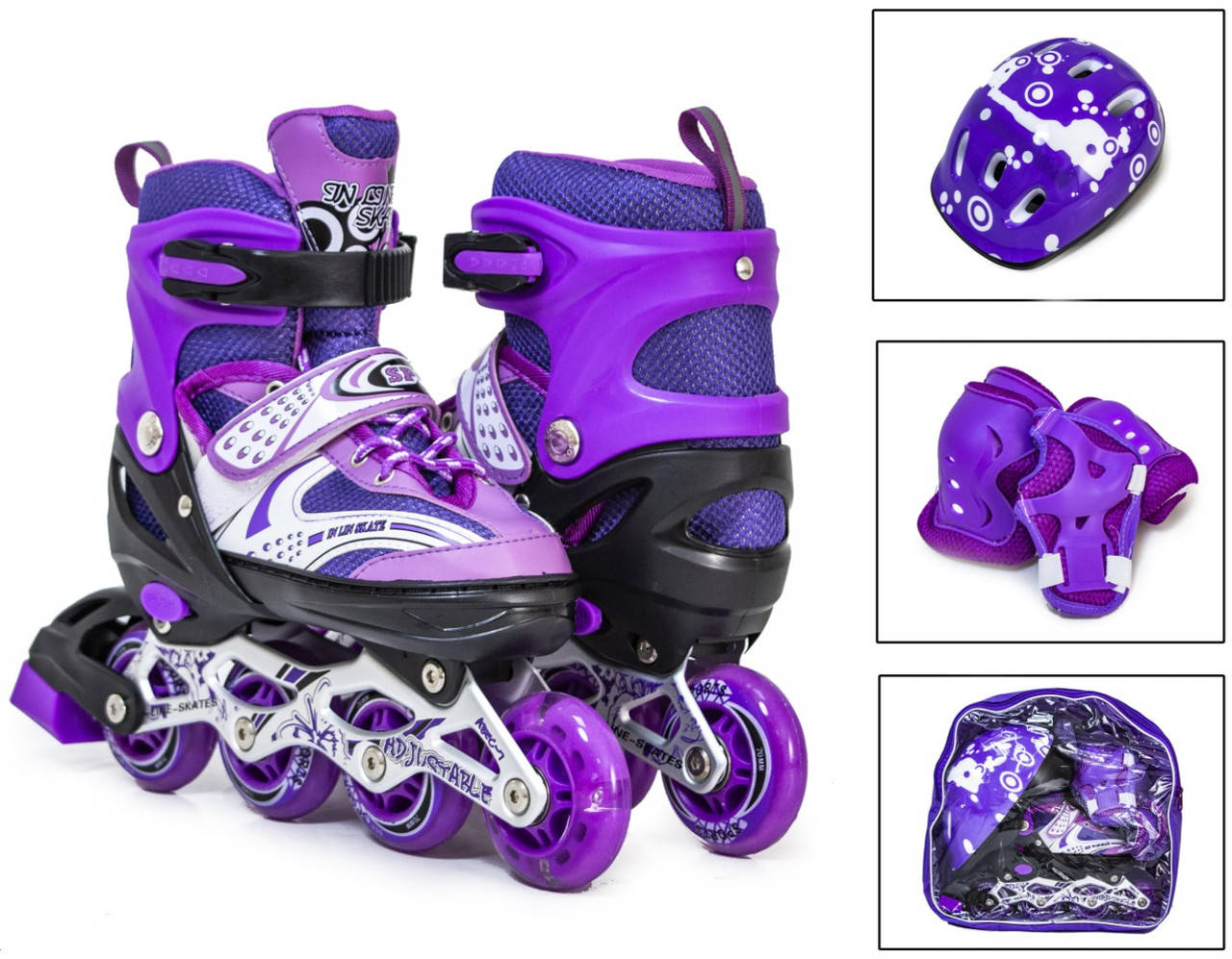 

Детские раздвижные ролики 34-37 с комплектом защиты и шлемом Happy Violet подсветка колеса, Фиолетовый