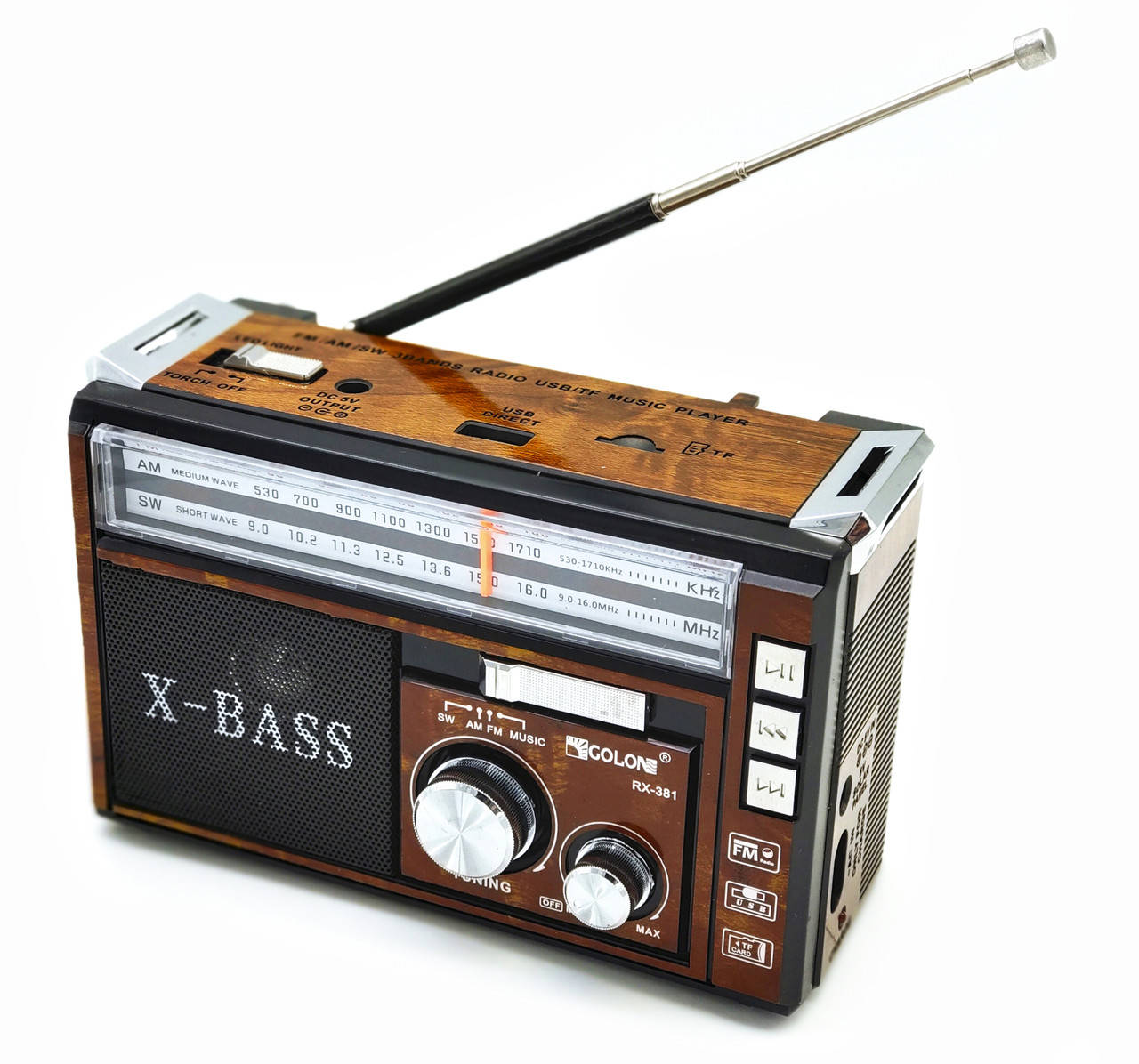 

Портативный радиоприёмник колонка с FM USB и фонариком Golon RX-381 Brown на аккумуляторе от сети