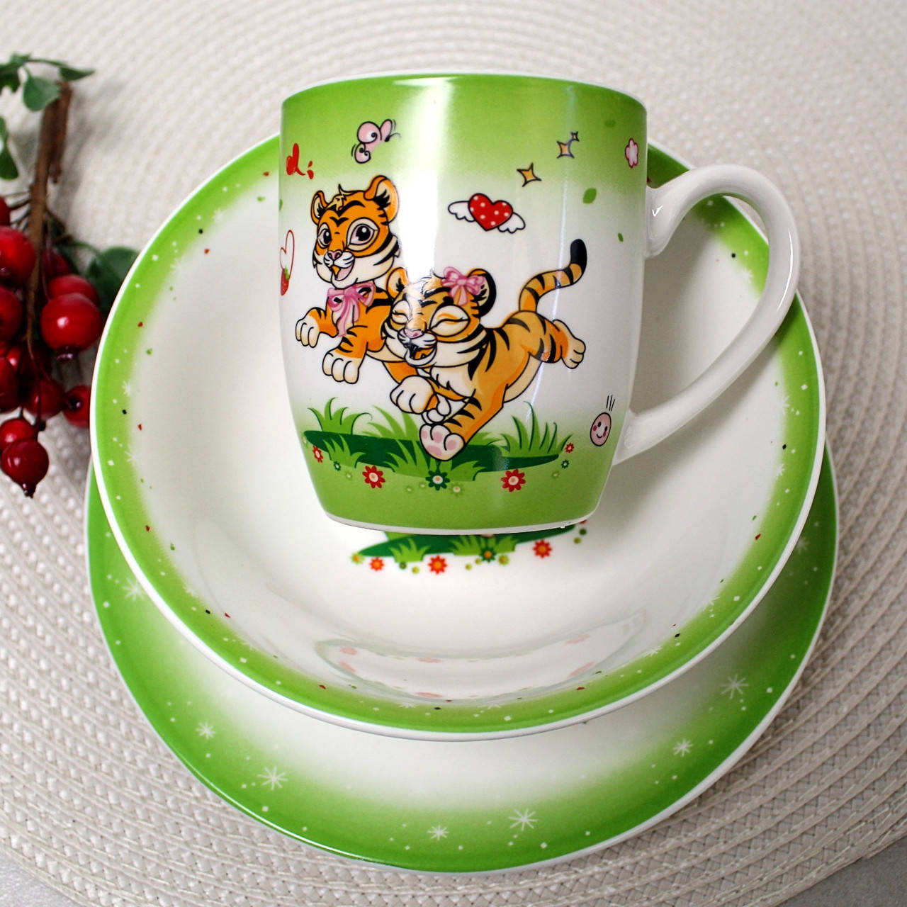 

Детская посуда из фарфора 3 предмета Два тигра, Белый