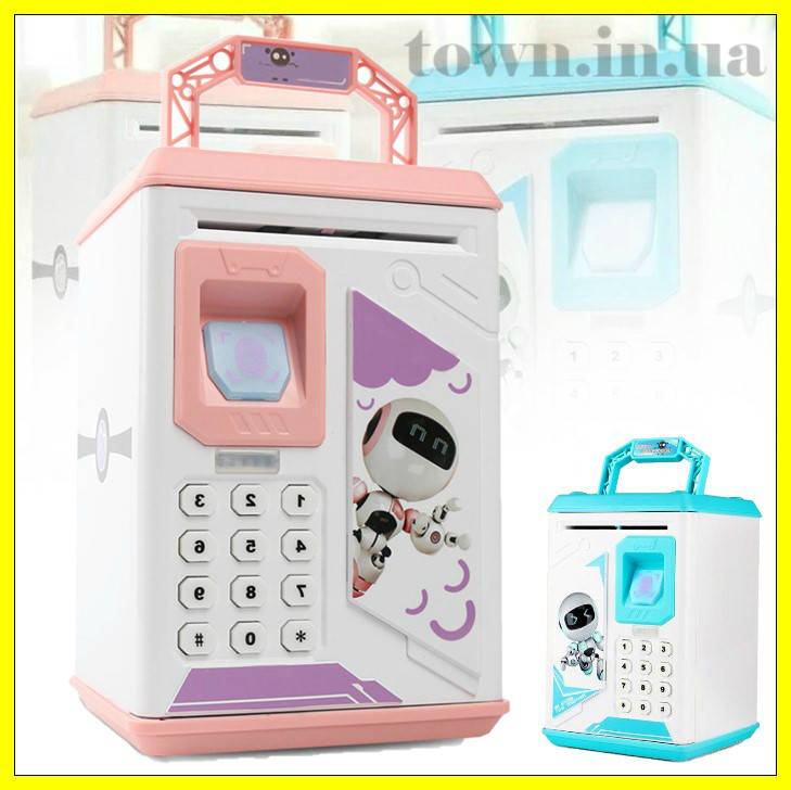 

Детская копилка сейф робот Robot Bodyguard электронная для денег ,бумажных купюр и монет, Розовый