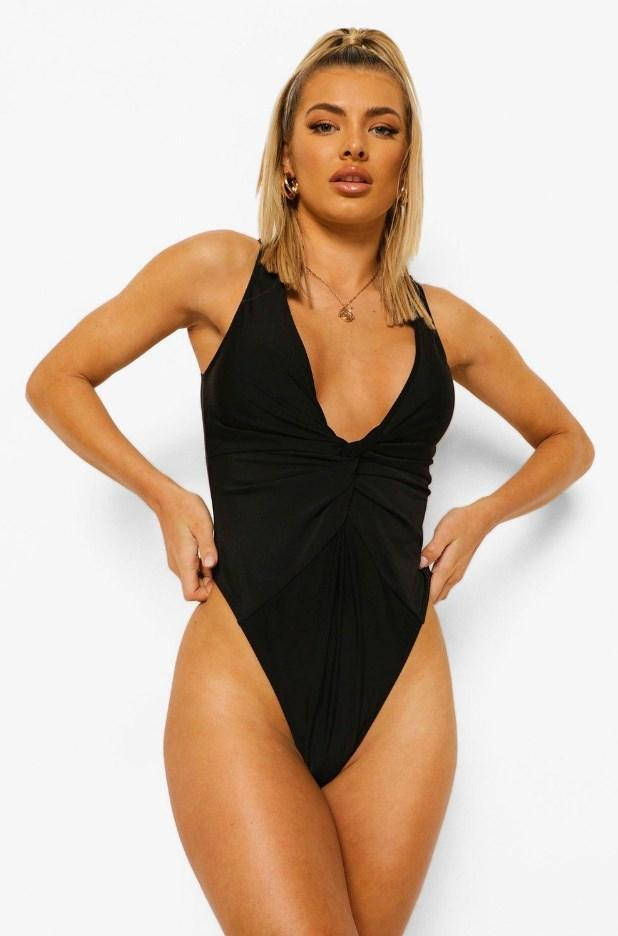 

Купальник з глибоким вирізом і складками, Черный