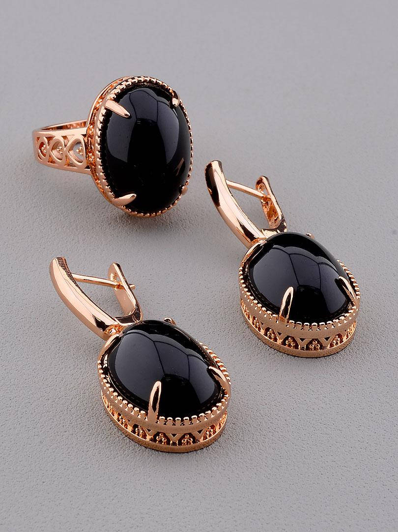 

Позолоченный комплект украшений Агат серьги и кольцо код 1806