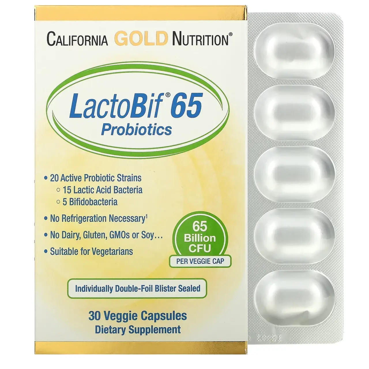 

California Gold Nutrition, LactoBif, пробиотики, 65 млрд КОЕ, 30 вегетарианских капсул купить