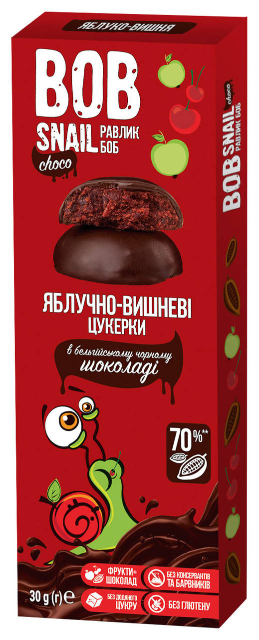 

Конфеты Яблочно-вишневые в бельгийском черном шоколаде Bob Snail - Равлик Боб 30г