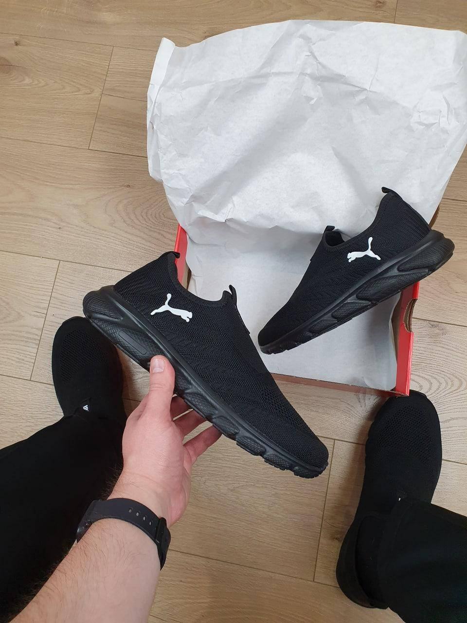 

Кроссовки мужские сетка Пума черные с белым, легкие кроссы, летние мокасины Puma Black White 43, Черный