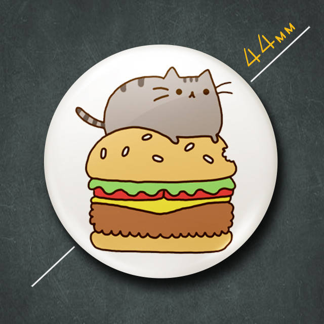 

"Кот Пушин на гамбургере / Pusheen" значок круглый на булавке Ø44 мм