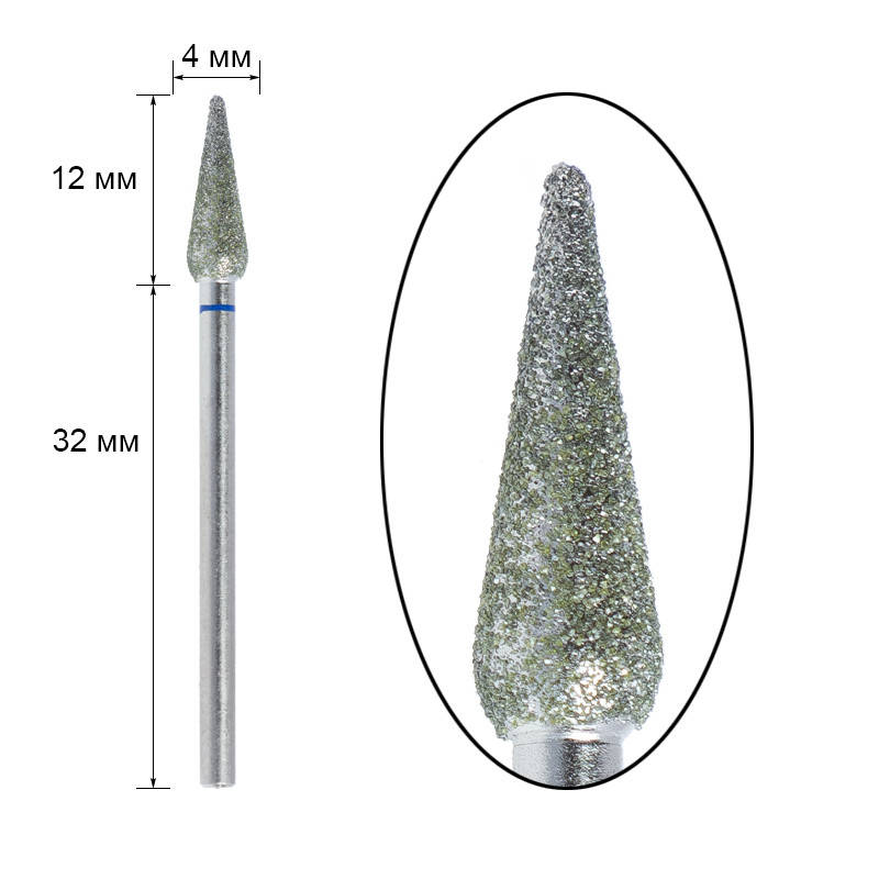 

Фреза алмазная Vladmiva - круглый конус диаметр 4 мм, рабочая часть 12 мм, синяя