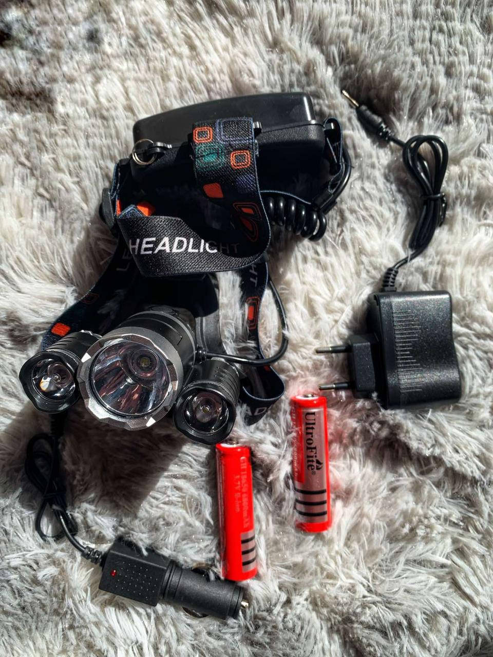 

Налобный фонарь светодиодный на три линзы аккумуляторный сильный фонарик на голову зарядка в комплекте, Черный