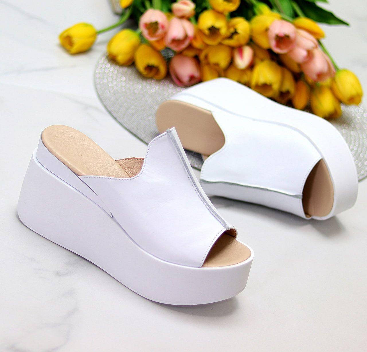 

Кожаные женские сабо на высокой платформе шлепанцы белые натуральная кожа 38