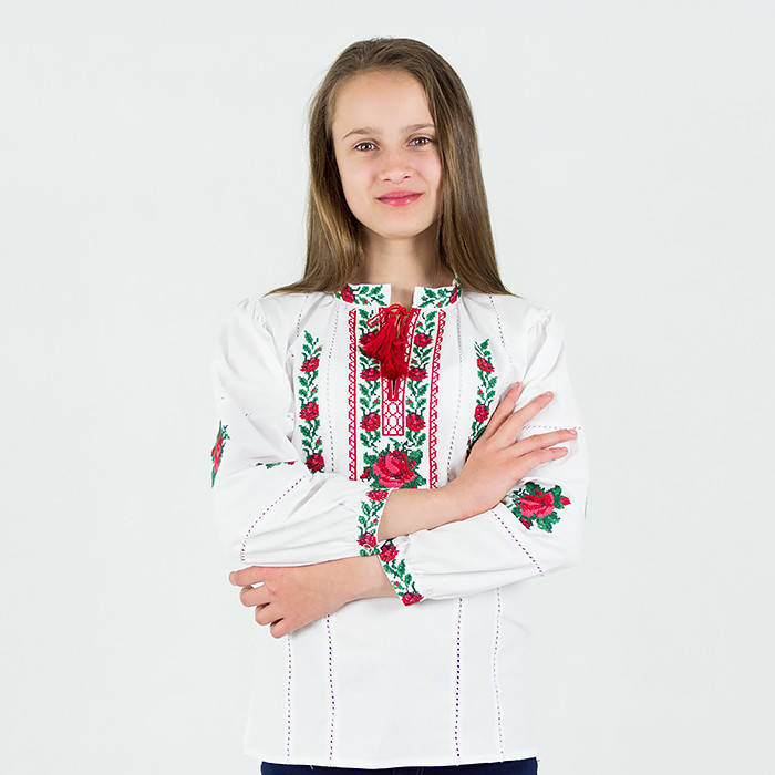 

Детская вышиванка с розами на домотканом полотне, длинный рукав, для девочки 7,8,9,10,11,12,13 лет 158