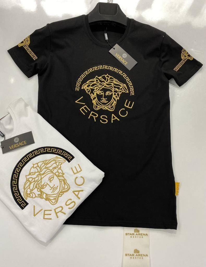 

Мужская стильная брендовая футболка Versace (черная/белая) Топовая футболка