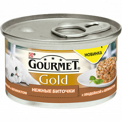 

Консервы Gourmet Gold для кошек, нежные биточки с индейкой и шпинатом, 85 г(24шт/уп)