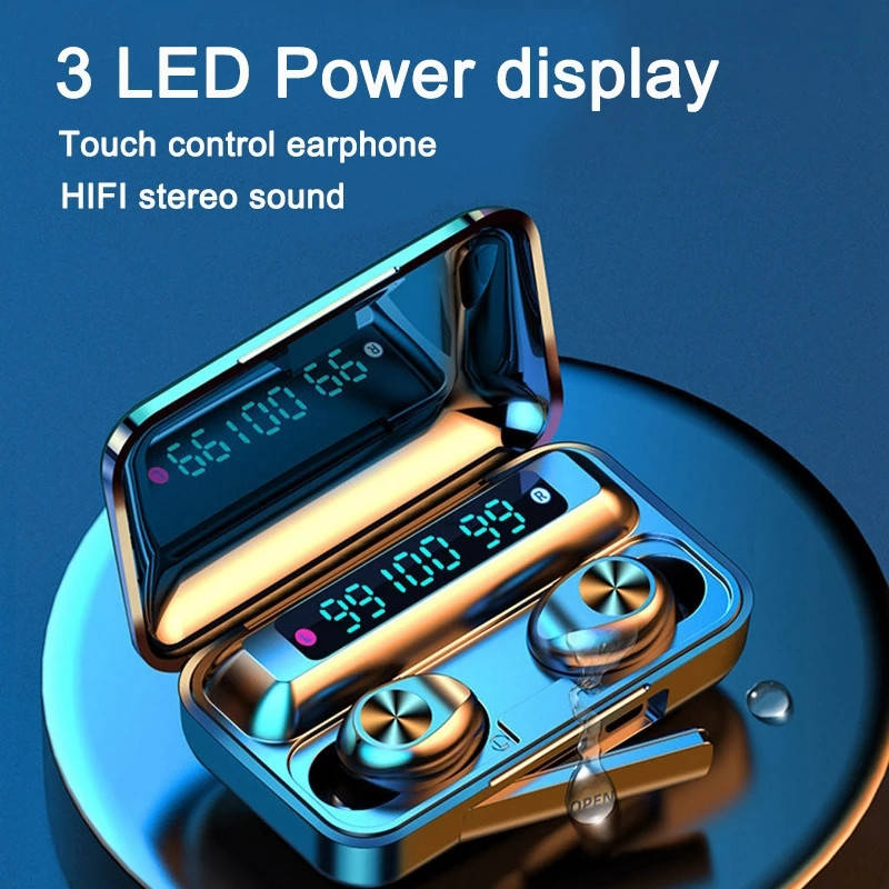 

Беспроводные Bluetooth наушники F9. Индикатор заряда - LED Display. Power Bank, Черный
