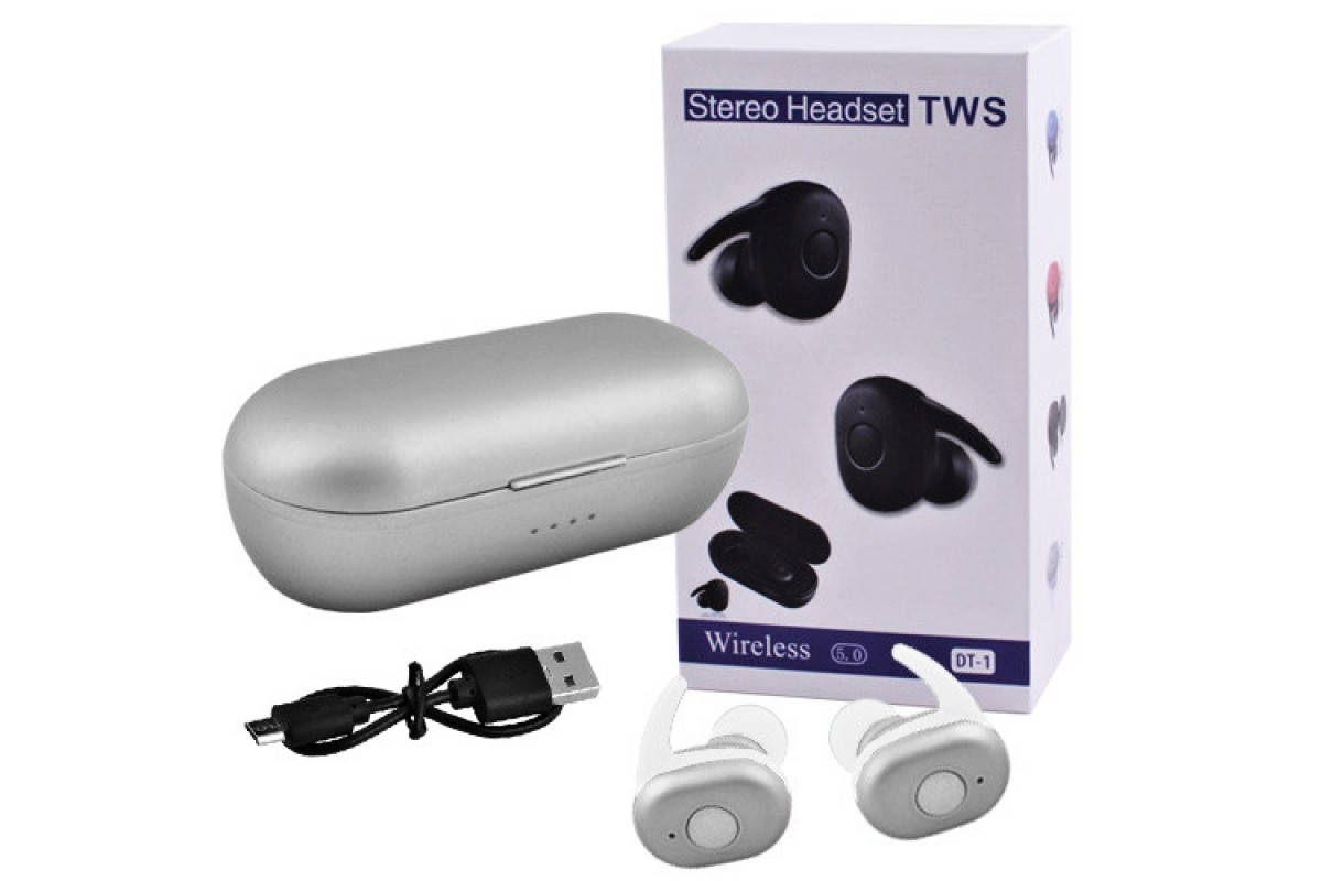 

Наушники-гарнитура беспроводные TWS DT1. Цвет "серебро", Светло-серый