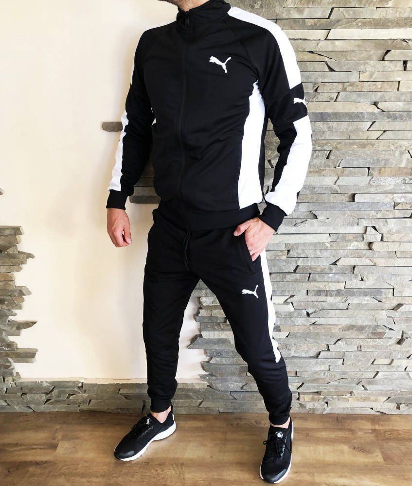 

Спортивный костюм мужской черный с белыми лампасами Puma