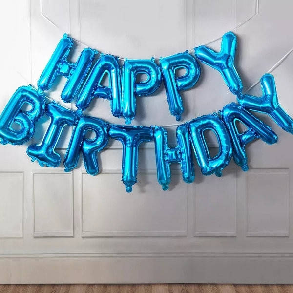 

Надпись фольгированная" Happy Birthday" синяя размер букв 40 см.