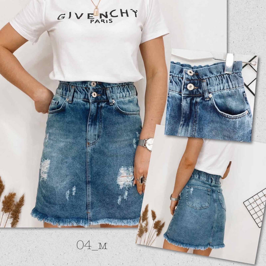 

Джинсовая юбка с широким поясом на резинке, с эффектом рванки Р-р.26,27 Код 539Т