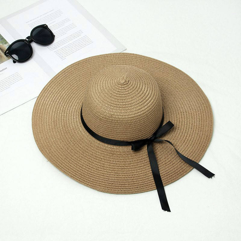 

Шляпа женская летняя с полями 10 см и черной лентой кофейная