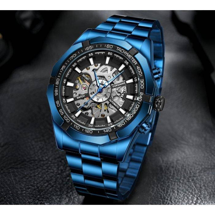 

Наручные мужские часы скелетон со стальным ремешком Forsining Lagune механические синие Бегс Mons