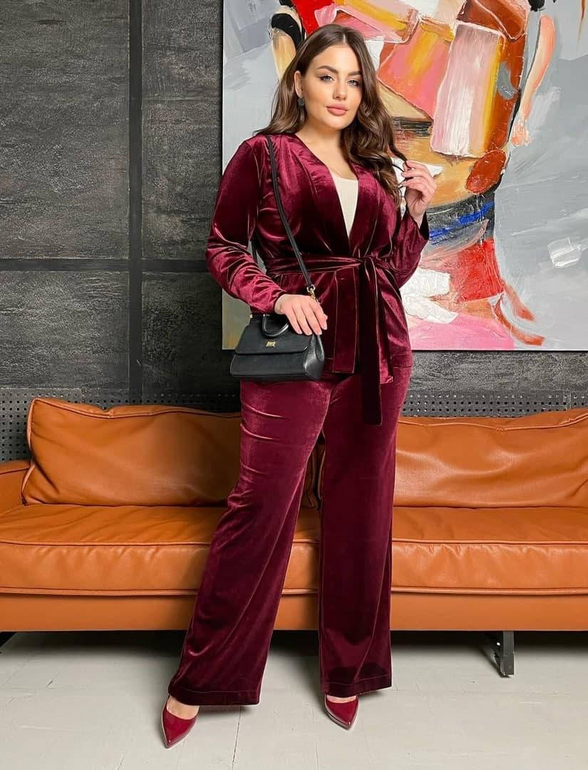 

Женский стильный и эффектный бархатный костюм в пижамном стиле марсала, Марсал