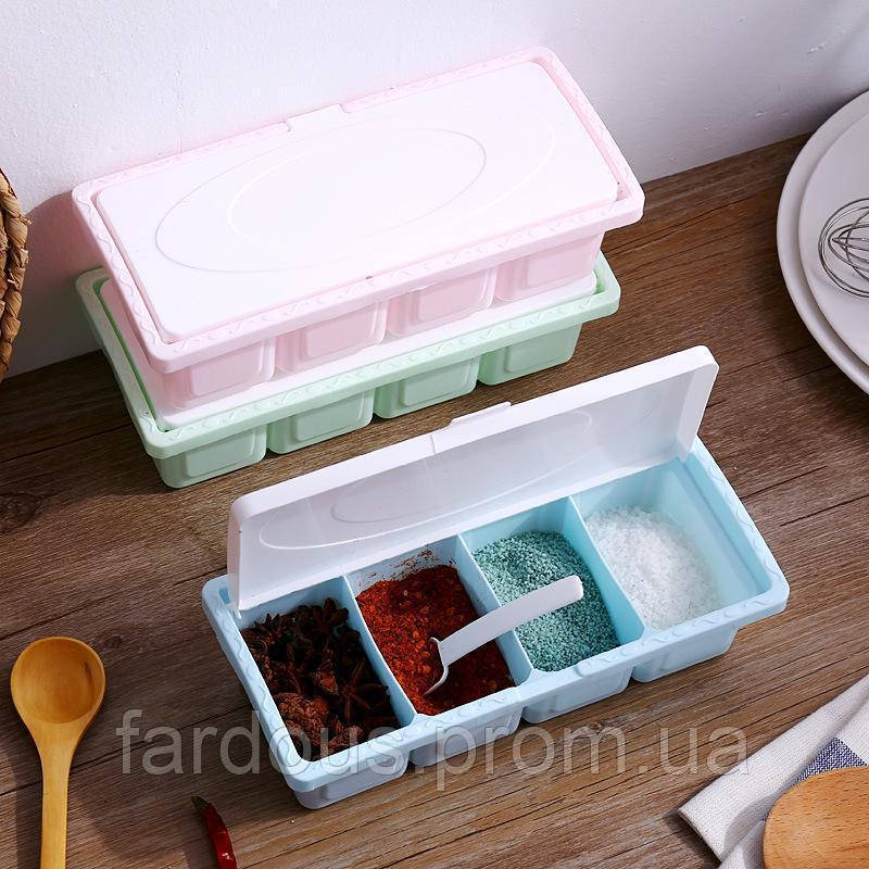 

Емкость для специй с ложечкой на 4 ячейки. Голубая