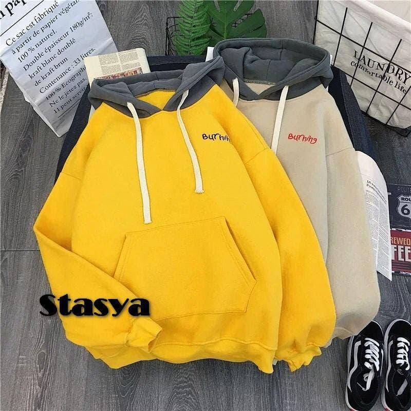 

Теплое женское oversize худи с капюшоном (двухцветное) на флисе, Желтый