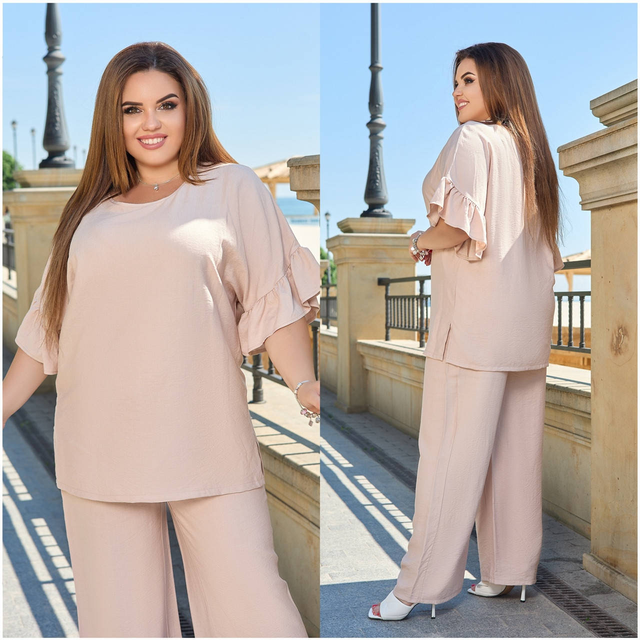 

Женский летний костюм туника штаны размер: 48-50, 52-54, 56-58, 60-62, 64-66 Бежевый, 52/54