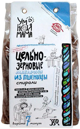 

Цельнозерновые макароны из пшеницы Умная Мама™ Спирали (350 грамм)