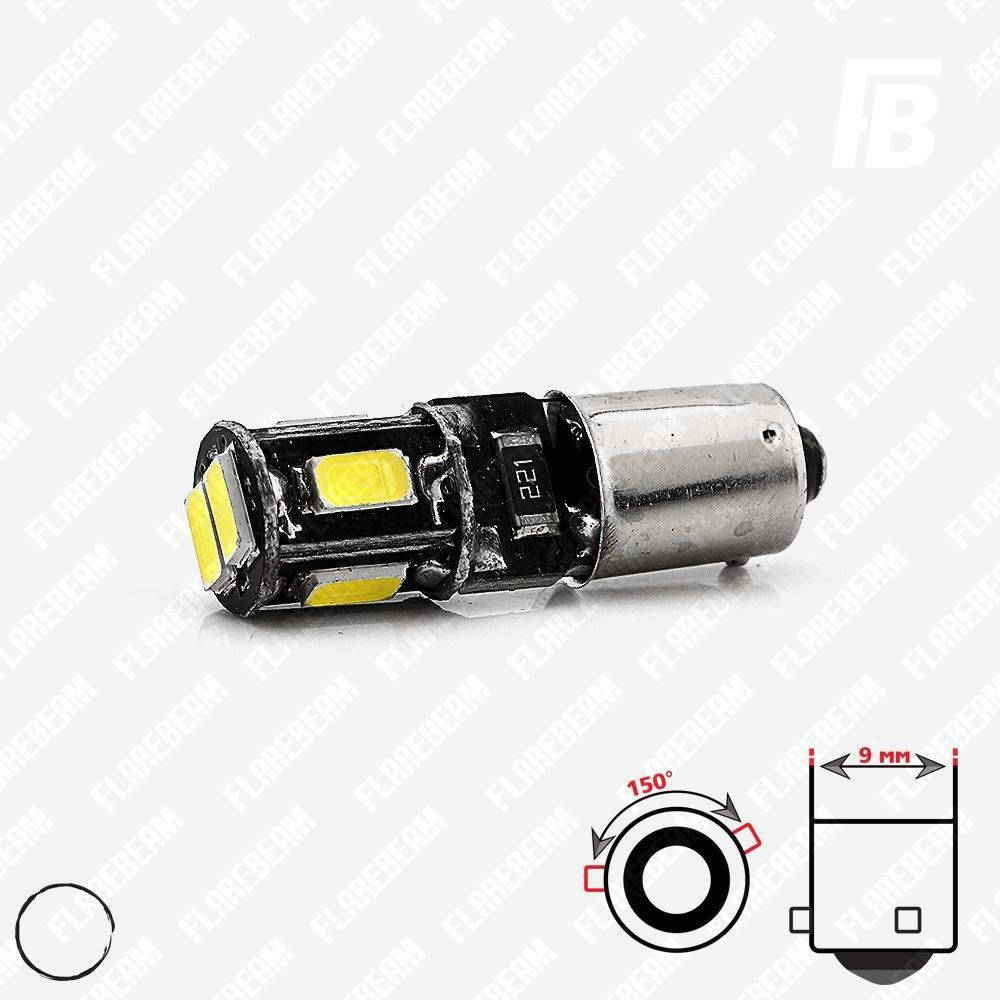 

Лампа LED цоколь BAX9s (T4W, H6W, смещение 150°), с обманкой, 12 В, SMD 5630*06 (белый)