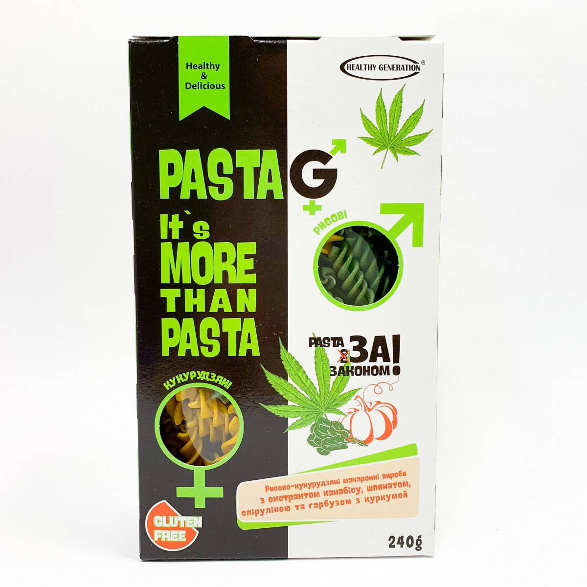 

Макароны без глютена Pasta G с коноплей, спирулиной, шпинатом и тыквой, 240 г, TM Healthy Generation