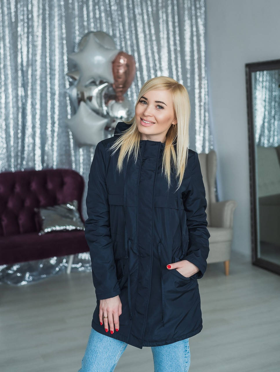 

Легкая демисезонная женская парка на флисес капюшоном 42-58 размеры цвет синий