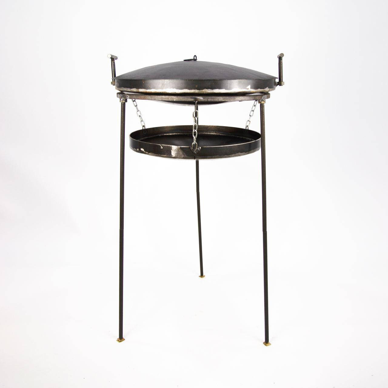 

Сковорода из диска бороны на высоких ножках, с подвеской для огня, крышкой и чехлом