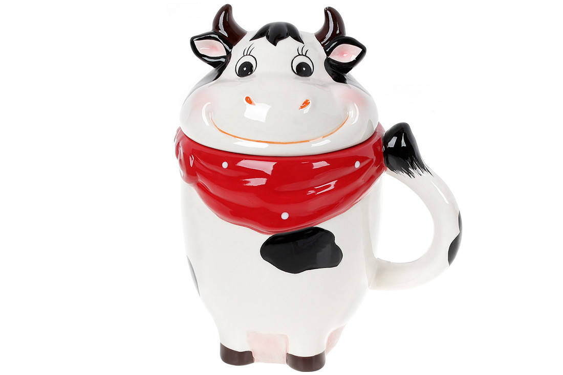 

Кружка керамическая с фигурной крышкой Веселая коровка, 460 мл, Белый